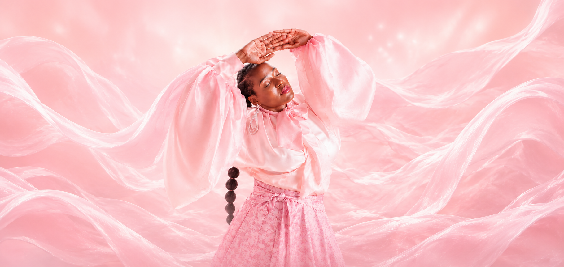 Woman wrapped in flowing sheer blush fabric — Survivor Speaks™